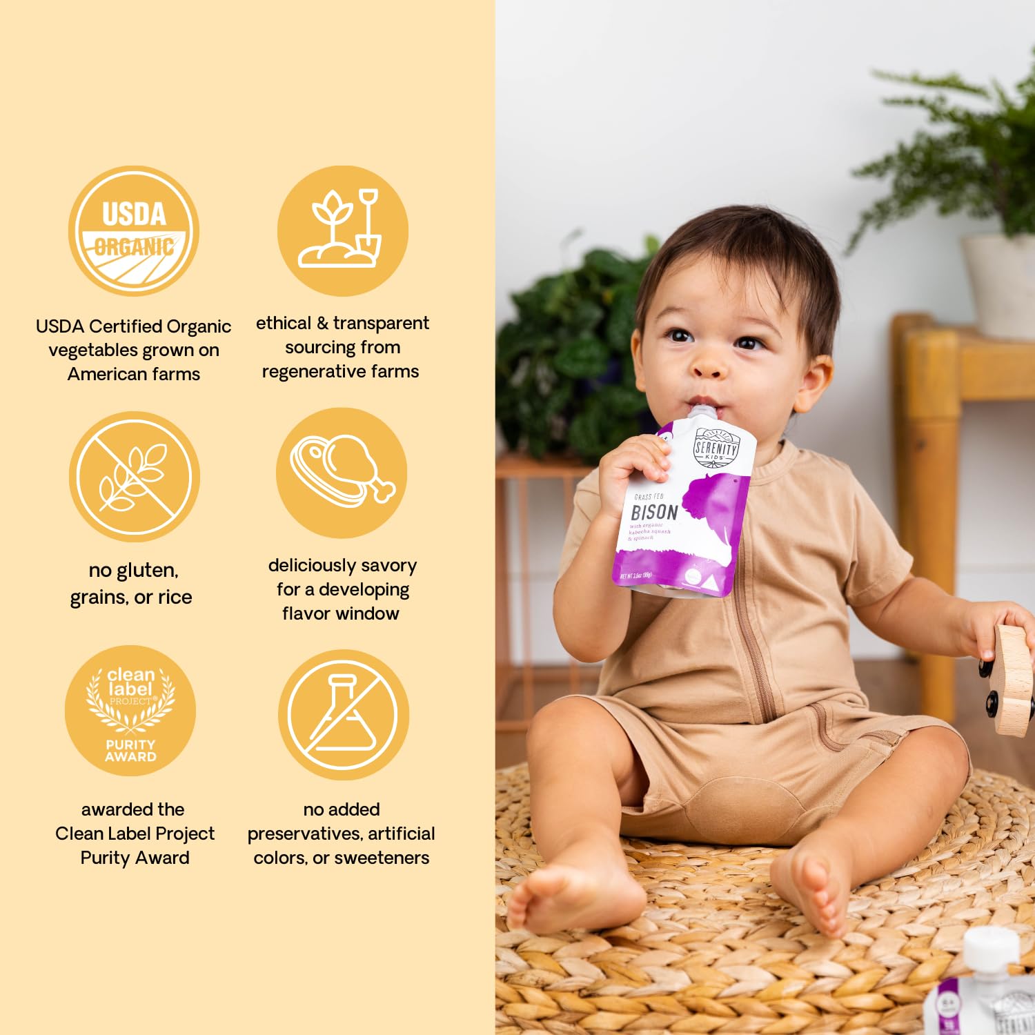 Serenity Kids 6+ Months Baby Food Pouches Puree Made With Ethically Sourced Meats & Organic Veggies | 3.5 Ounce BPA-Free Pouch | Grass Fed Bison, Kabocha Squash, Spinach | 1 Count : Baby