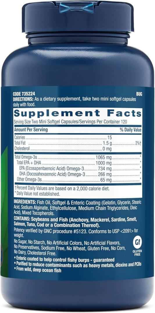 Gnc Triple Strength Fish Oil Mini Omega 3 Supplement, 1000Mg Epa And Dha, Supports Heart, Brain, Skin, Eye And Joint Health, 240 Mini Softgels