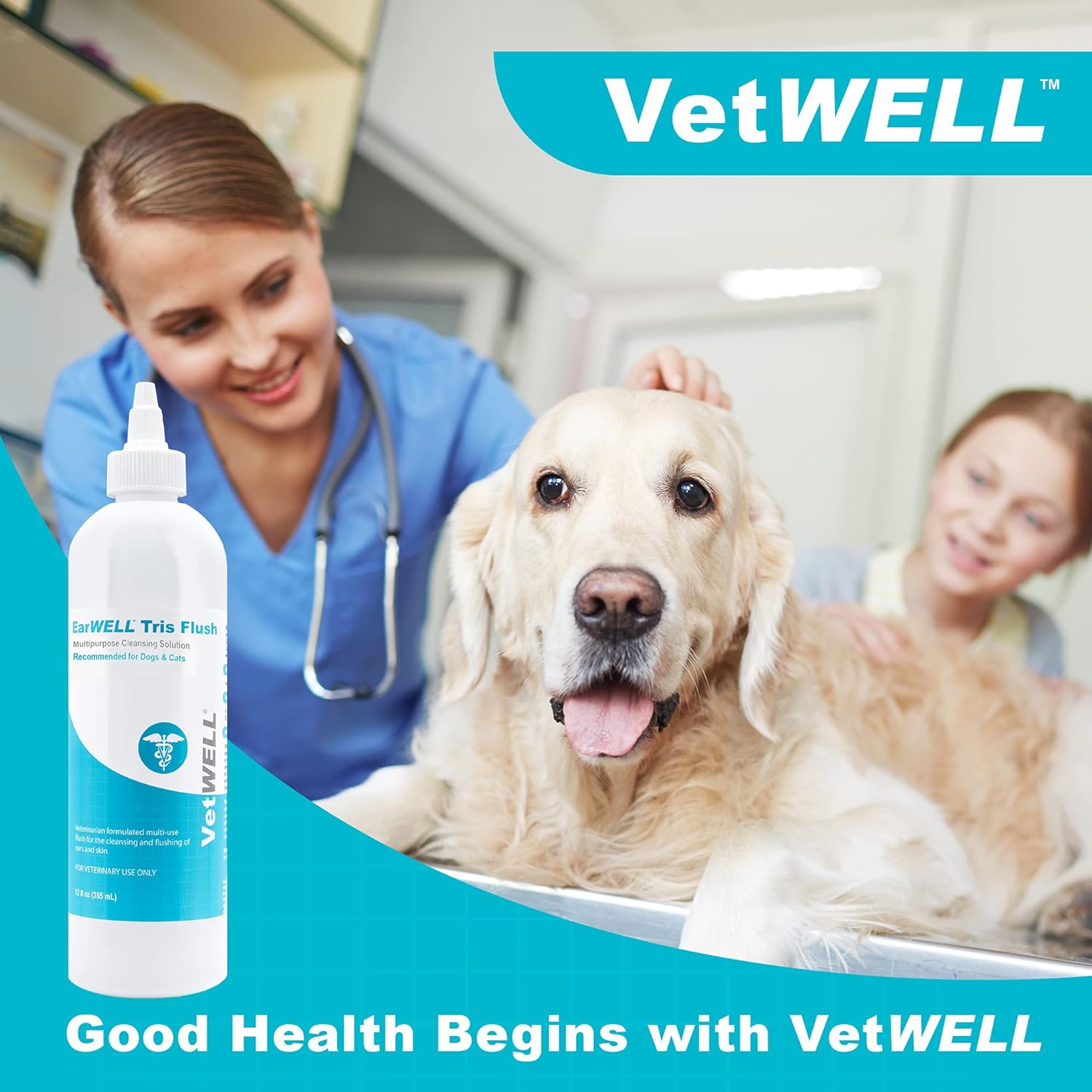 VetWELL Dog Ear Cleaner Solution & Infection Treatment for Dogs & Cats, Tris Otic Cleanser Drops Helps Eliminate Odor and Relieve Infections - 12oz : Pet Supplies