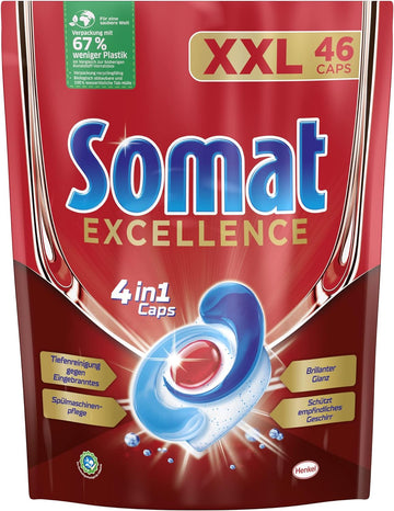 Somat Excellence 4in1 Caps | XXL Pack 46 (1 x 46) Caps | Dishwasher Caps for excellent cleaning, brilliant shine and gentle care for dishes and dishwasher - 46 Caps