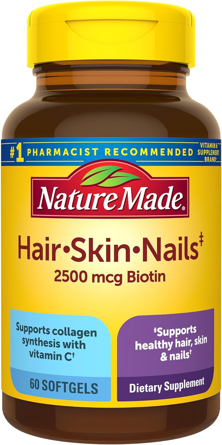 Nature Made Hair Skin And Nails With Biotin 2500 Mcg, Dietary Supplement For Healthy Hair Skin And Nails Support, 60 Softgels, 60 Day Supply