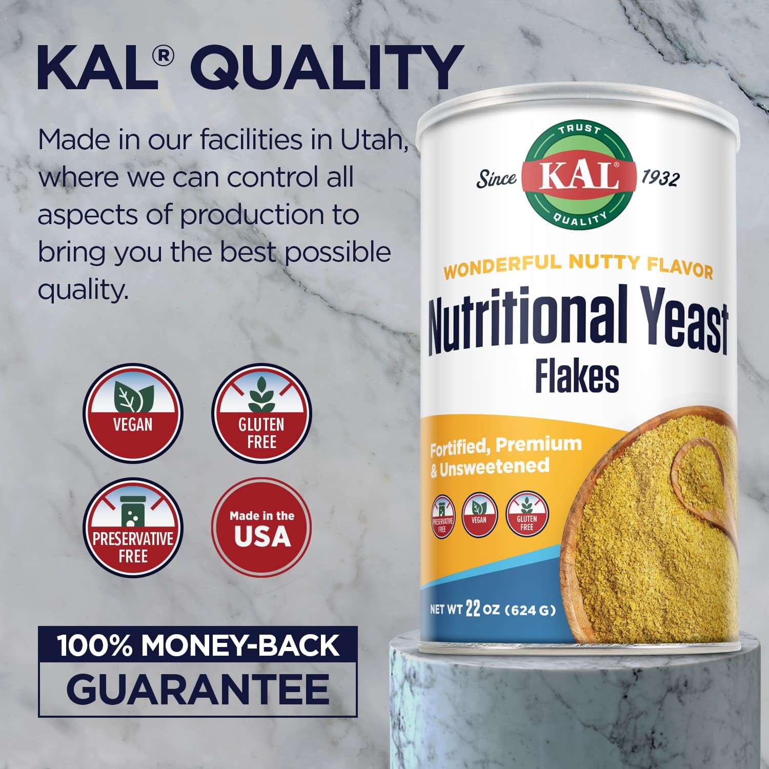 KAL Nutritional Yeast Flakes, Fortified with B12, Folic Acid & Other B Vitamins, Unsweetened, Great Nutty Flavor, Vegan & Gluten Free, 60-Day Money Back Guarantee, Made in the USA, 62 Servings, 22oz : Grocery & Gourmet Food