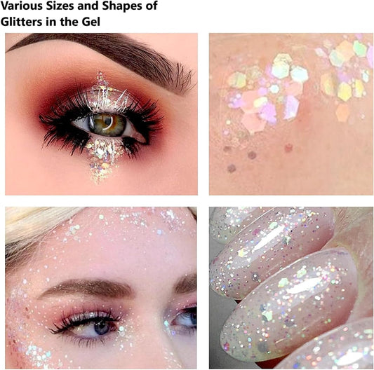 Beliky Girl Body Glitter Gel, 50Ml Face Glitters Body Gel Sequins Shimmer Liquid Eyeshadow, Mermaid Sequins Liquid Holographic Glitter Gel, Chunky Glitter For Face Hair Nails Set 6Pcs