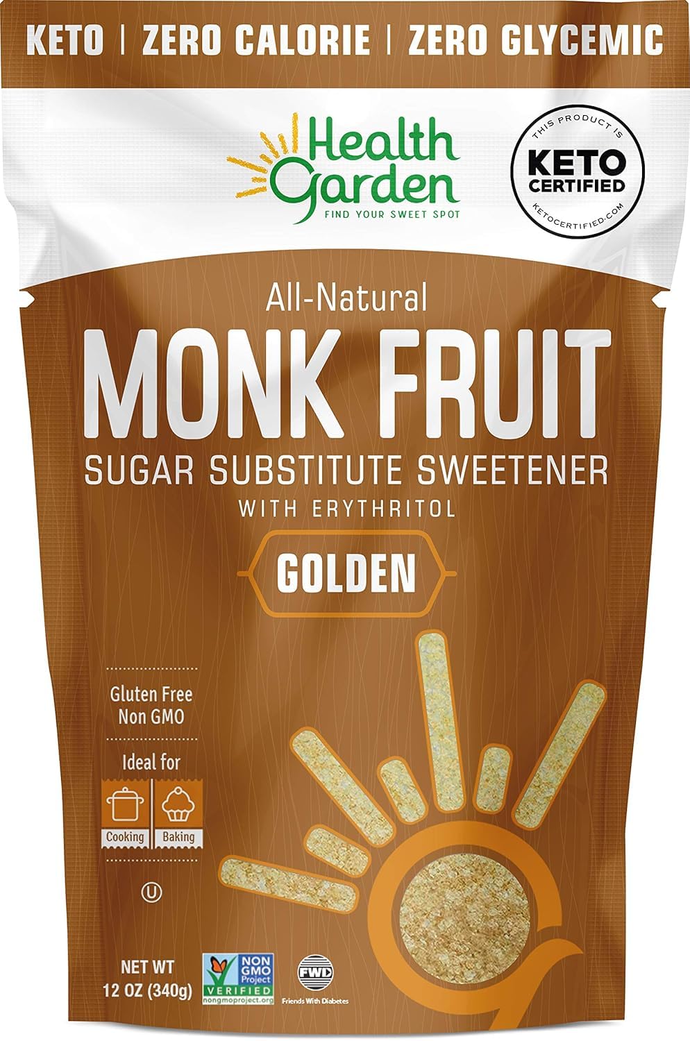 Health Garden Monk Fruit Sweetener, Golden- Non Gmo - Gluten Free - 1:1 Sugar Substitute - Kosher - Keto Friendly (12 Oz)