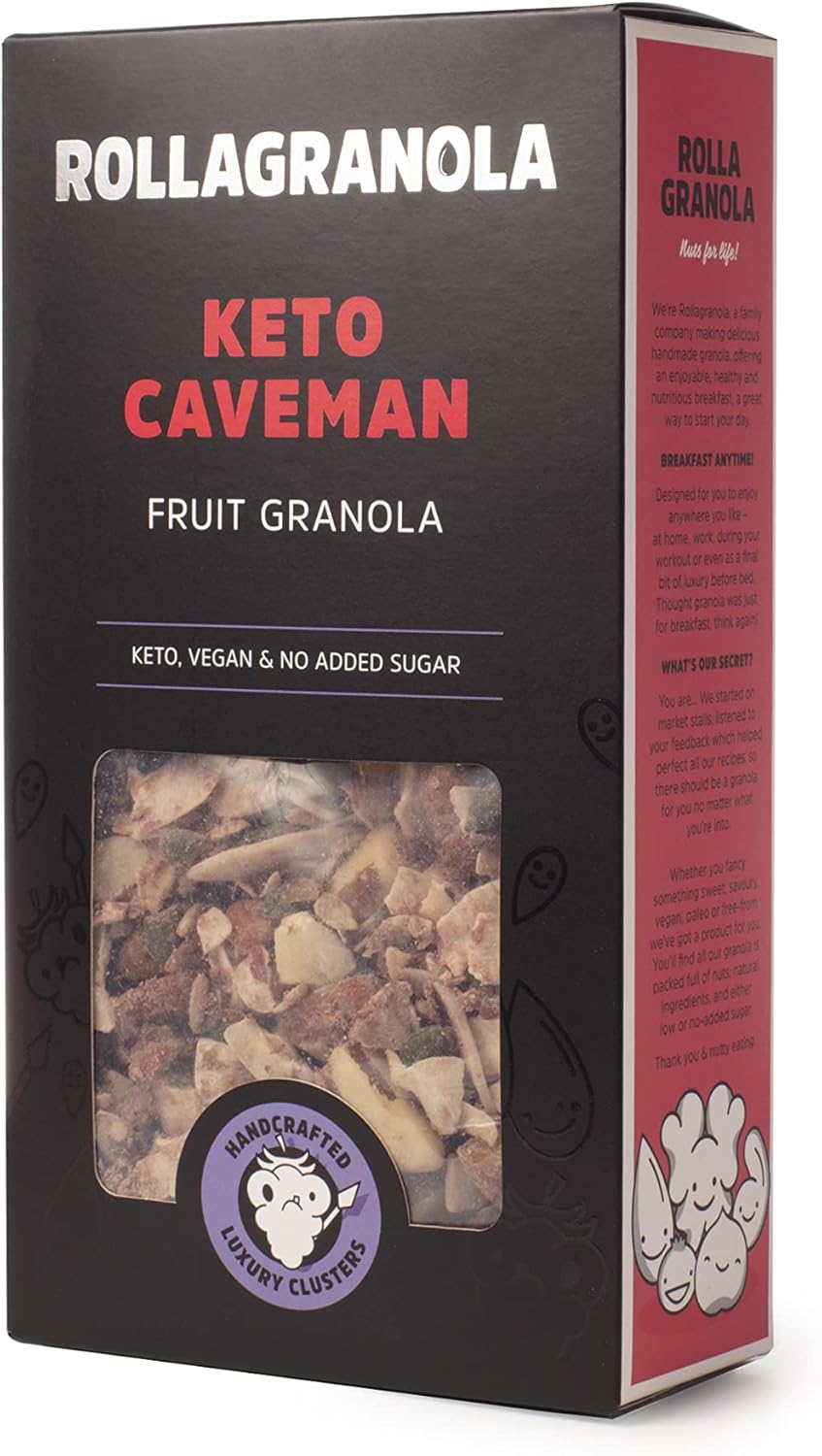 Rollagranola - Keto Caveman, Fruit Granola, 300g Box - Keto Granola, High Protein, Low Carb, Vegan, Gluten Free & Cereal Free With No Added Sugar. Handcrafted in The UK (300g) : Amazon.co.uk: Grocery