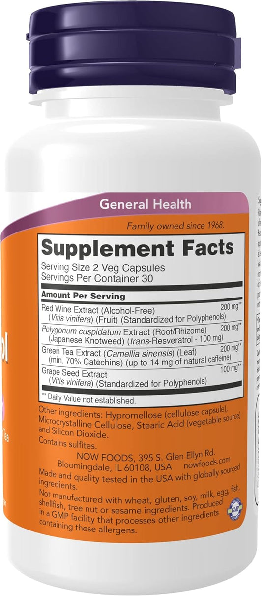 NOW Supplements, Natural Resveratrol plus Red Wine Extract, Green Tea & Grape Seed, 60 Veg Capsules