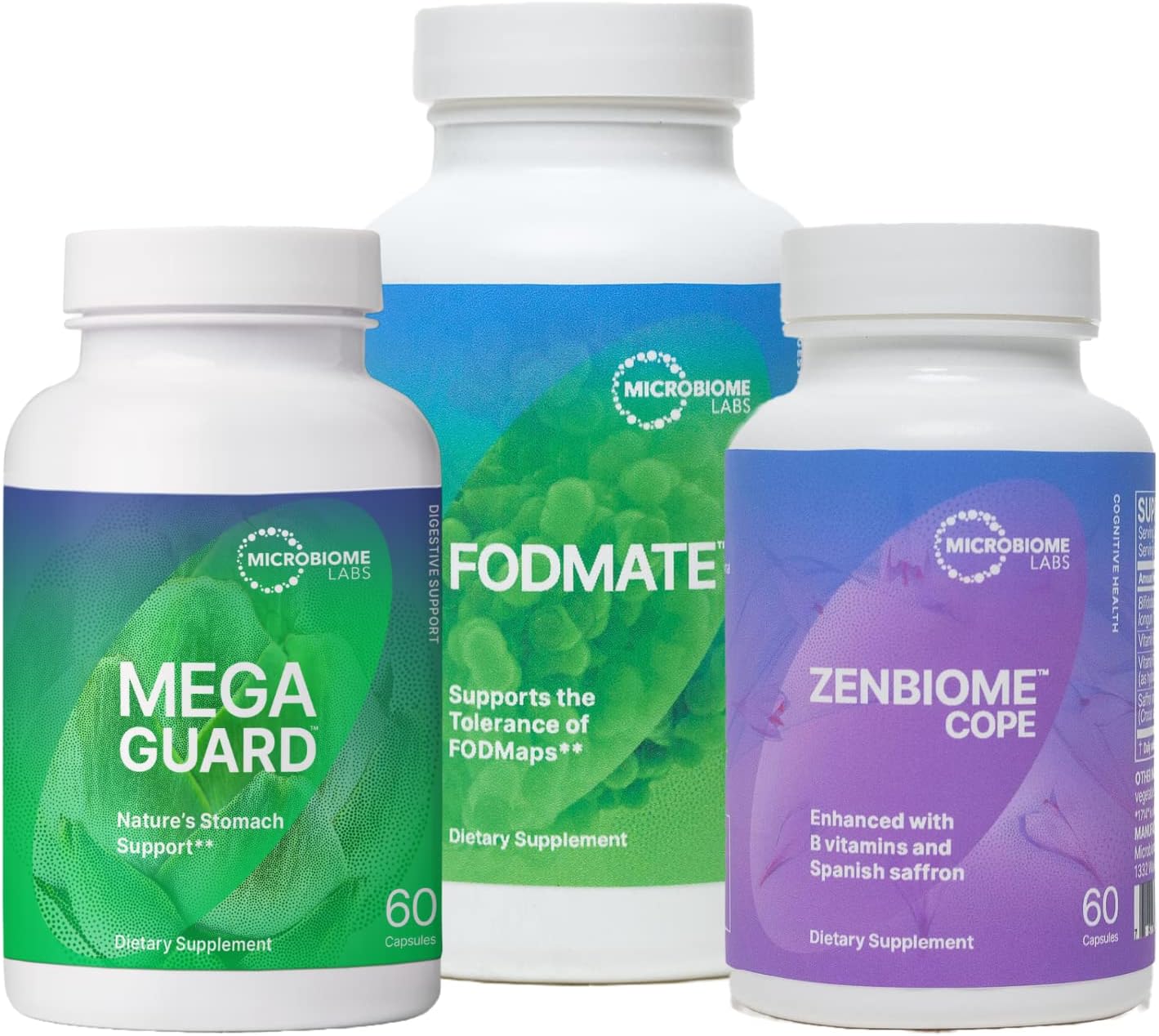 Microbiome Labs 'Digest And Rest' Bundle - Megaguard (60 Capsules) Fodmate (120 Capsules) Zenbiome Cope (60 Capsules) 3 Product Probiotics + Enzymes Supplement Set -