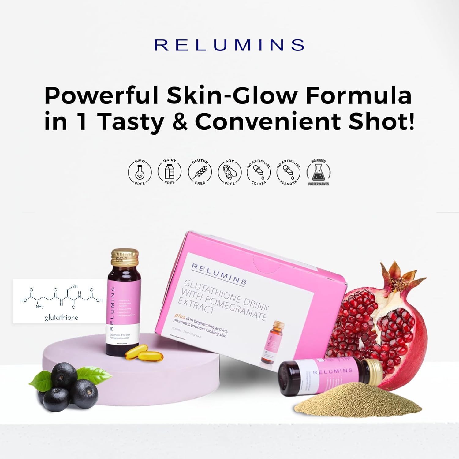 Relumins Glutathione Drink - Helps Promote Brighter, Boosts Skin Collagen Content, Increases Moisture For A Younger Looking Skin - Pomegranate Flavor, 50Ml X 20 Gluta Shot Bottles : Health & Household