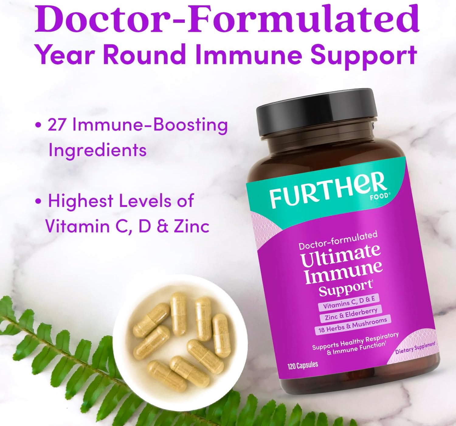 Further Food Ultimate Immune Support Vitamin C, D, E And Zinc + Natural Immunity Booster Multivitamin Herbal Supplement Elderberry & Echinacea, Daily Immune Defense & Antioxidant Support