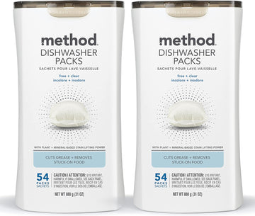 Method Dishwasher Detergent Packs, Fragrance Free + Clear, Dishwashing Rinse Aid to Lift Tough Grease and Stains, 54 Dishwasher Tabs per Package, (Pack of 2)