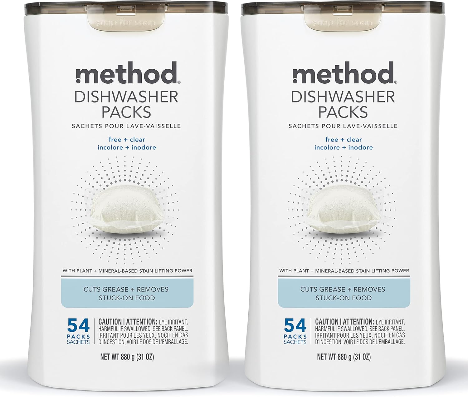 Method Dishwasher Detergent Packs, Fragrance Free + Clear, Dishwashing Rinse Aid To Lift Tough Grease And Stains, 54 Dishwasher Tabs Per Package, (Pack Of 2)