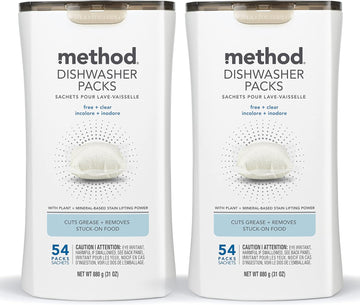 Method Dishwasher Detergent Packs, Fragrance Free + Clear, Dishwashing Rinse Aid To Lift Tough Grease And Stains, 54 Dishwasher Tabs Per Package, (Pack Of 2)