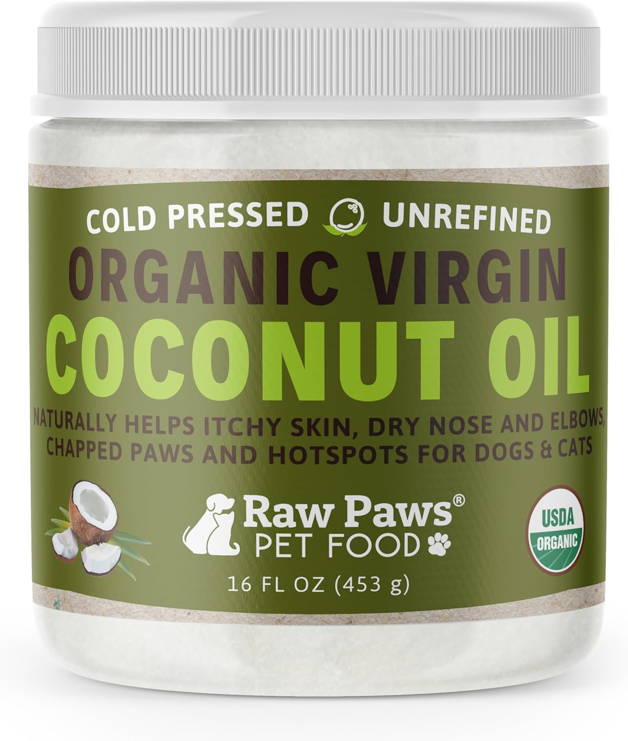 Raw Paws Virgin Organic Coconut Oil For Dogs & Cats, 16-Oz - Treatment For Itchy Skin, Dry Nose, Paws - Hot Spot Lotion For Dogs - Natural Hairball Remedy For Dogs