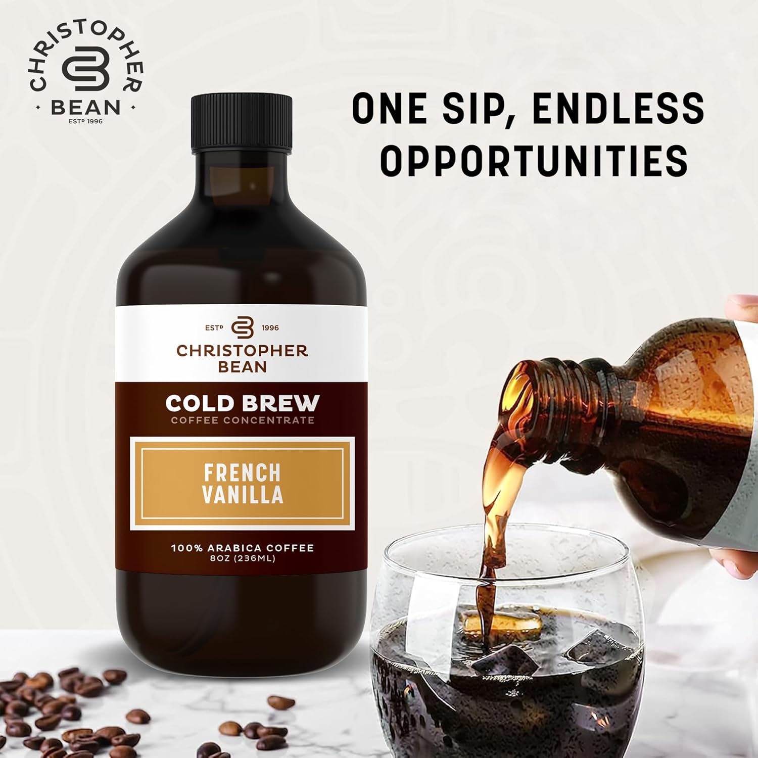 Christopher Bean Hand Crafted French Vanilla Flavored Coffee - Unsweetened Cold Brew & Iced Instant Coffee Distillate Liquid Java - Vanilla Coffee Beans Extract 100% Arabica, (8-Ounce), 236 Ml