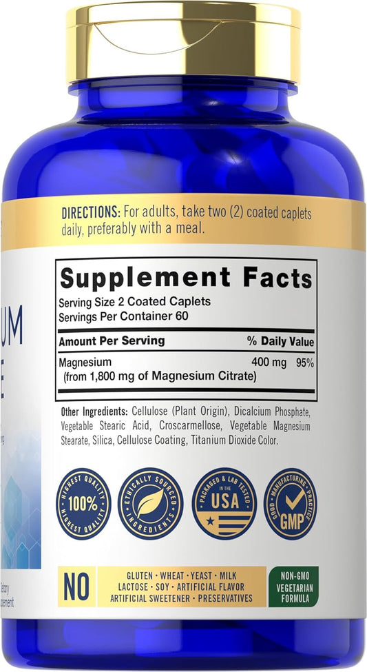 Carlyle Magnesium Citrate | 1,800Mg | 120 Coated Caplets | Vegetarian, Non-Gmo, And Gluten Free Supplement