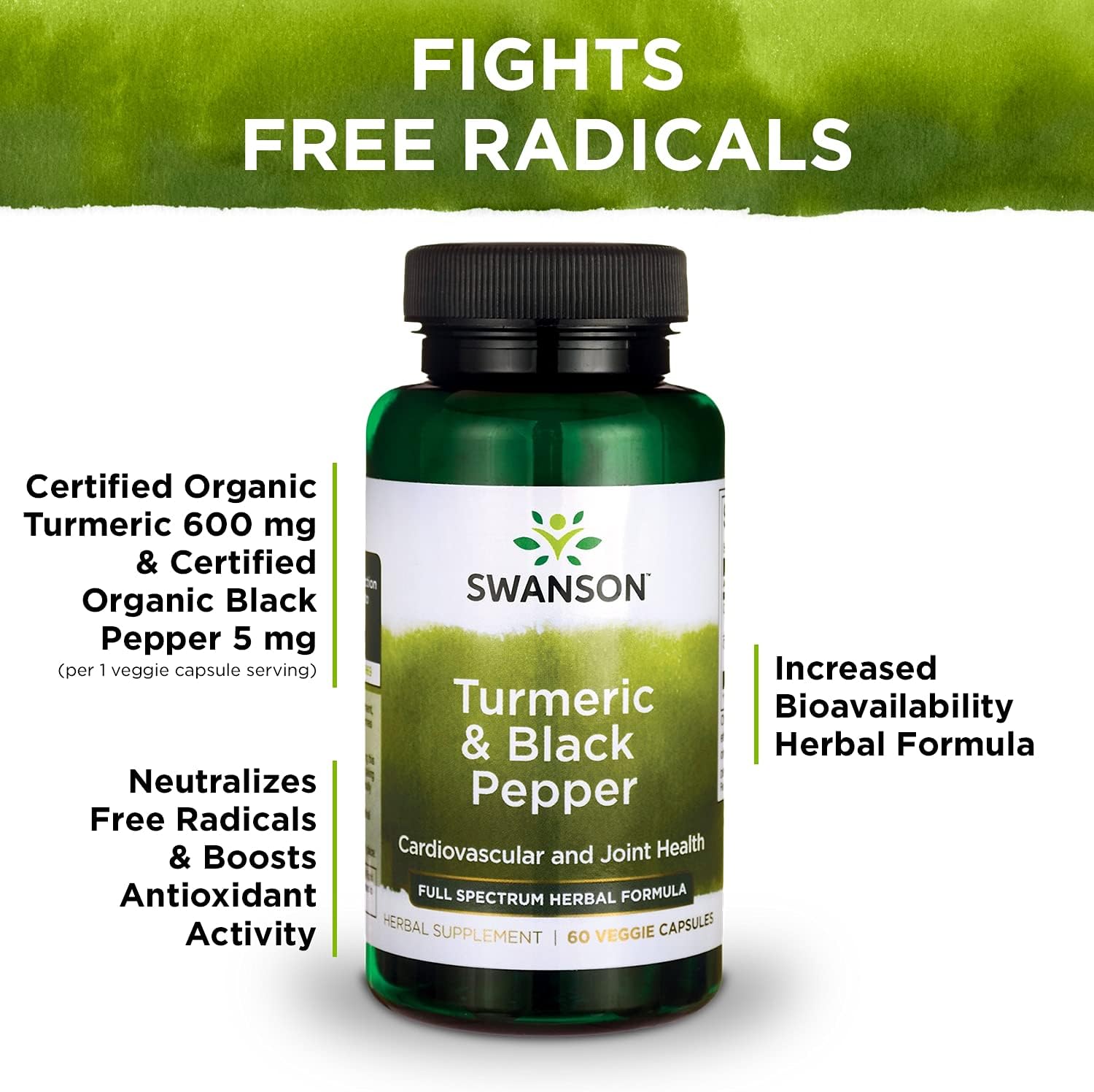 Swanson Turmeric & Black Pepper - Organic Joint Health, Heart Health, Digestion, & Liver Support Supplement - Natural Formula For Enhanced Bioavailability & Absorption - (60 Veggie Capsules) 4 Pack