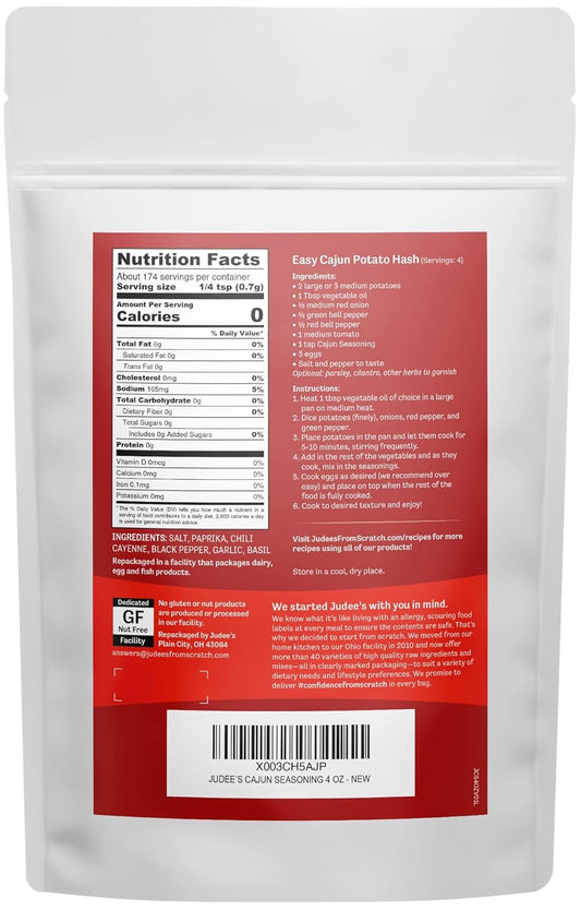 Judee'S Cajun Seasoning 4 Oz - Spicy Louisiana-Inspired Spice Blend - 100% Non-Gmo - Great For Dips, Spices And Seasonings - Sprinkle Over French Fries And Appetizers - Gluten-Free And Nut-Free