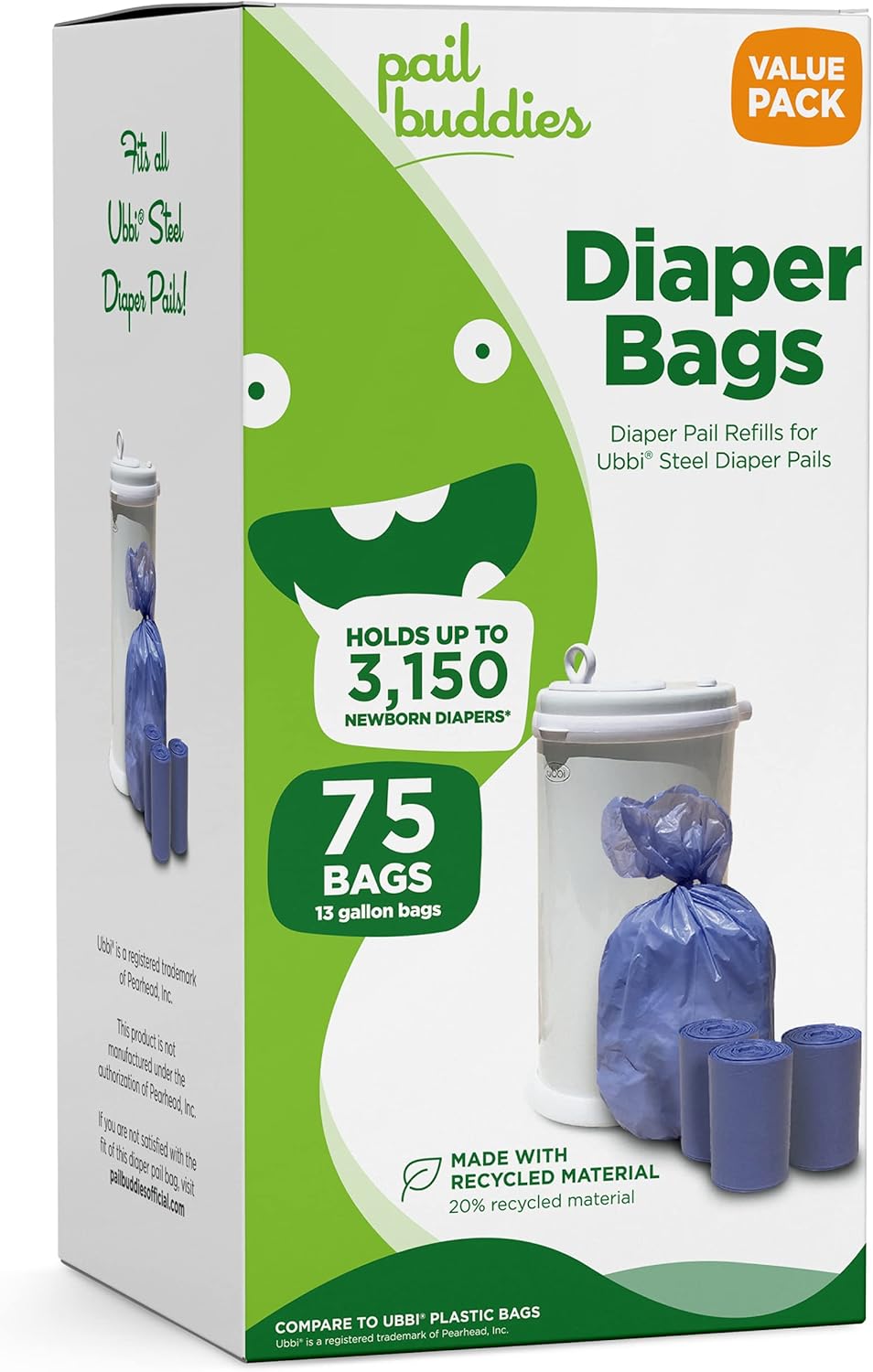 Pail Buddies Diaper Bags, 75 Count, Fresh Powder Scent, Compatible With Ubbi Diaper Pail, Made With Recycled Material, 13 Gallon Capacity, Strong And Durable