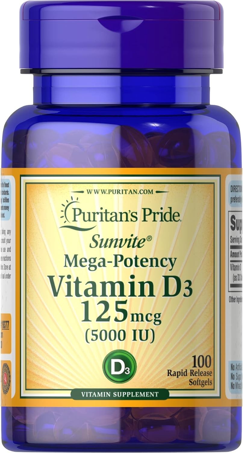 Puritan'S Pride Vitamin D3 Mega Potency 5000 Iu Bolsters Immune Health System Support And Healthy Bones & Teeth, Unflovored, 100 Count