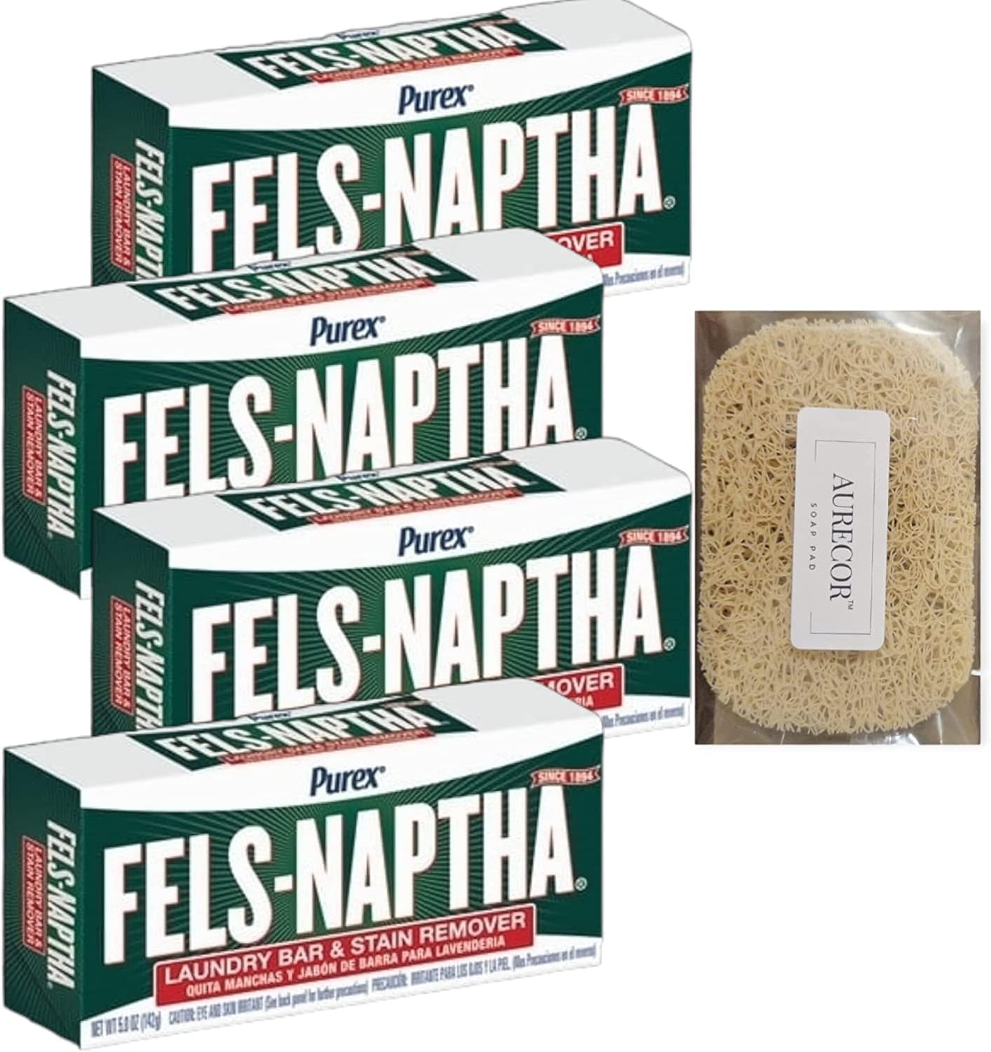 Fels Naptha Laundry Bar and Stain Remover, 5.0 Ounce (Pack of 4) with Aurecor Soap Pad