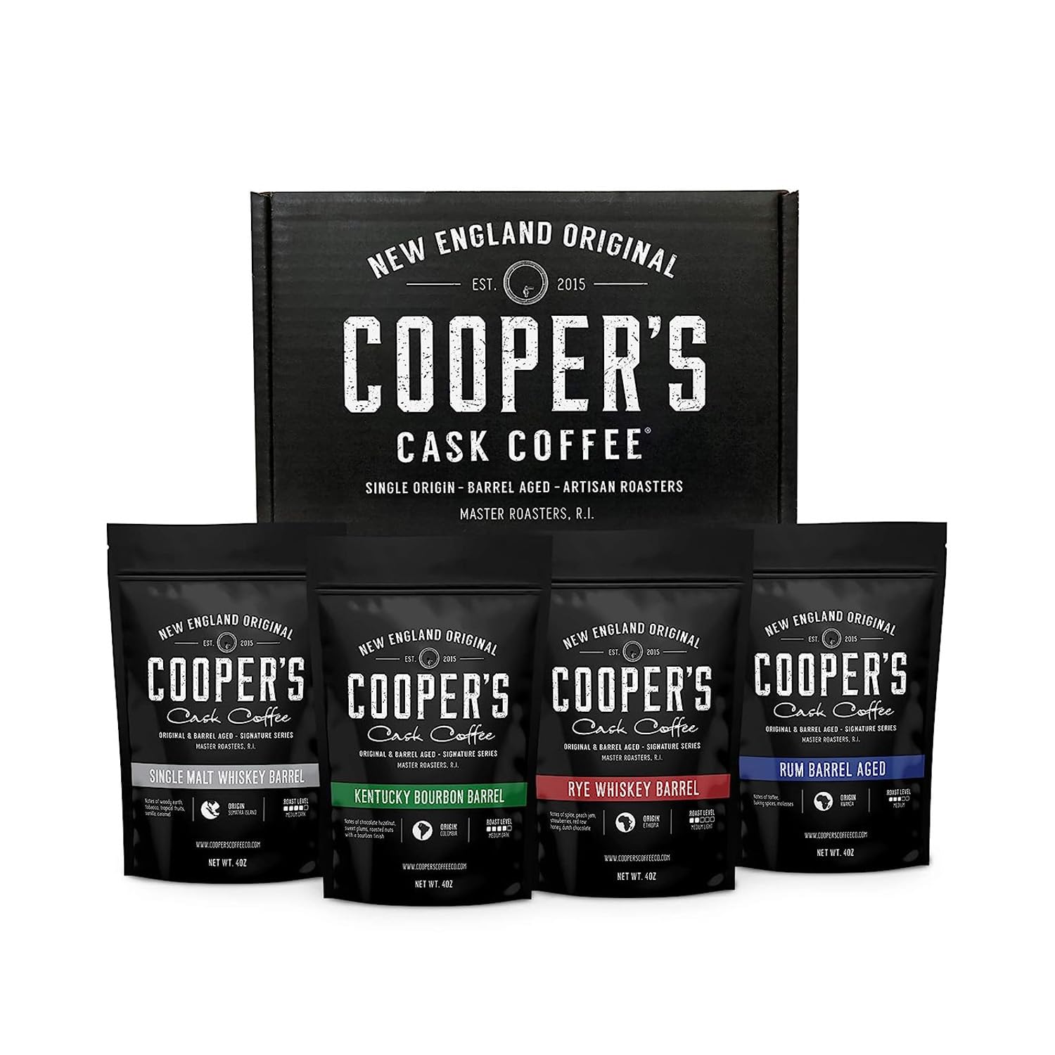 Bourbon & Whiskey Barrel Aged Coffee - 4-Bag Roasted Coffee Box Set - Bourbon Colombian, Malt Whiskey Sumatra, Rye Whiskey Ethiopian, Rum Barrel Rwanda, (Whole Bean, 4 Ounce (Pack Of 4))