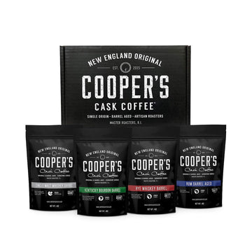 Bourbon & Whiskey Barrel Aged Coffee - 4-Bag Roasted Coffee Box Set - Bourbon Colombian, Malt Whiskey Sumatra, Rye Whiskey Ethiopian, Rum Barrel Rwanda, (Whole Bean, 4 Ounce (Pack Of 4))