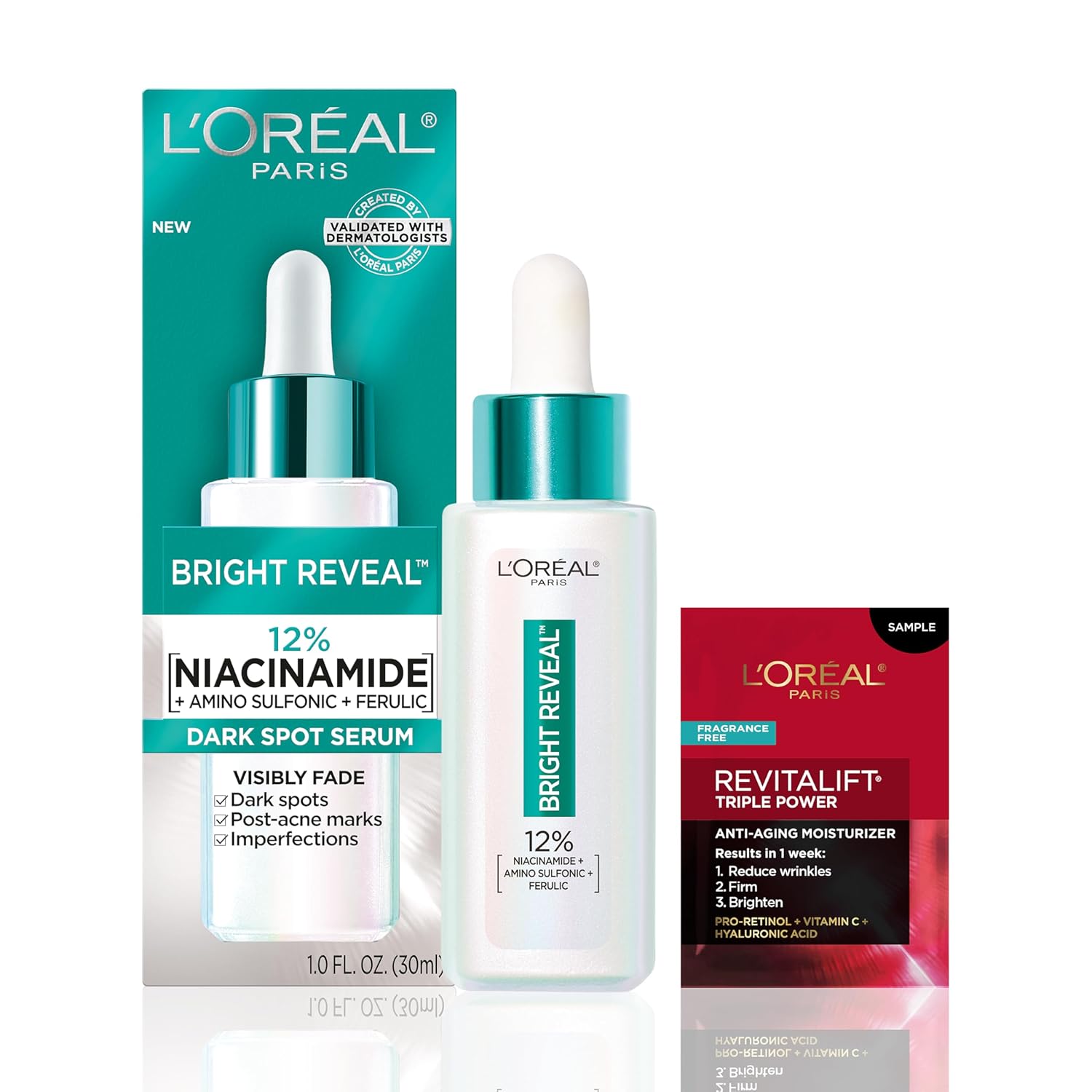 L’Oréal Paris Bright Reveal 12% [Niacinamide + Amino Sulfonic + Ferulic] Dark Spot Serum 1Oz + Moisturizer Sample