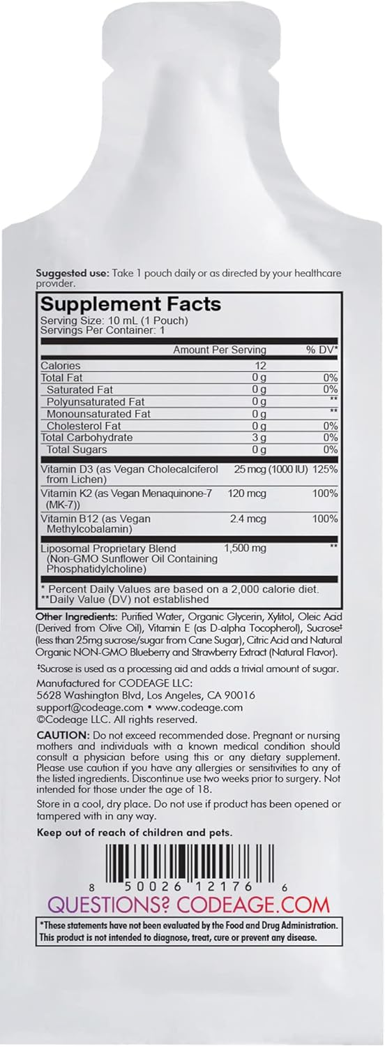 Codeage Liposomal Vitamin D3 Liquid Supplement Sachet, Wonder-D Cholecalciferol Vegan Multivitamin, Plant-Based Vitamins K2 B12, Non-GMO Phospholipids, Vitamin E, Berry Flavor, Sugar-Free, 30 Pouches : Health & Household