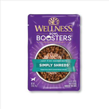 Wellness Bowl Boosters Simply Shreds Natural Grain Free Wet Dog Food Mixer Or Topper, Tuna, Beef & Carrots, 2.8-Ounce Pouch (Pack Of 12)