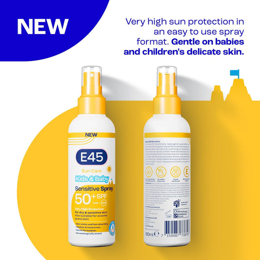 E45 Kids and Baby Sunscreen SPF50+ Spray for Face With Avocado Oil - UVA and UVB Protection- Dermatologically Tested and Fragrance-Free - Suitable For Dry, Sensitive and Eczema Prone Skin (180ml)