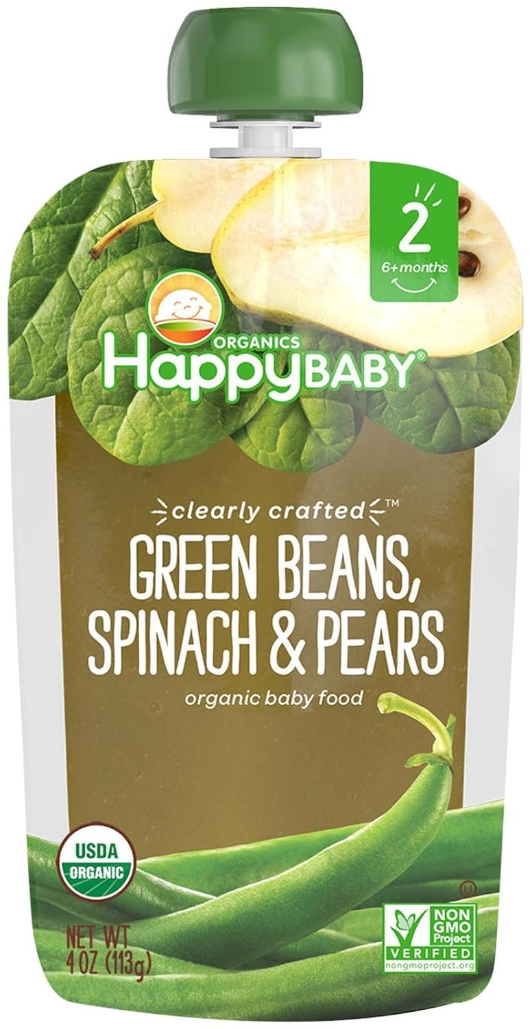 Happy Family Baby Clearly Crafted Stage 2 Green Beans, Pears & Spinach, 8 Count
