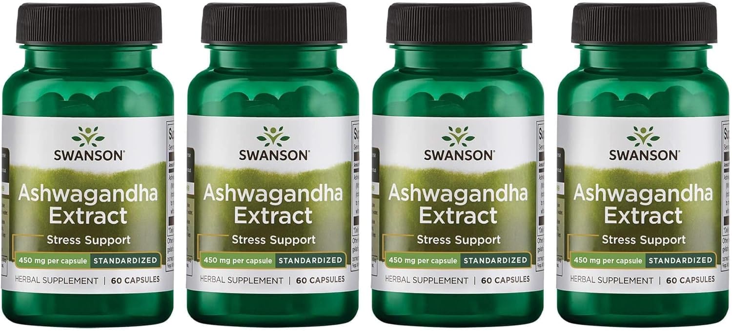 Swanson Ashwagandha Extract-Natural Supplement Promoting A Healthy Stress Response, Energy Support & Nervous System Health-Ayurvedic Supplement For Natural Wellness-(60 Capsules, 450Mg Each) (4 Pack)