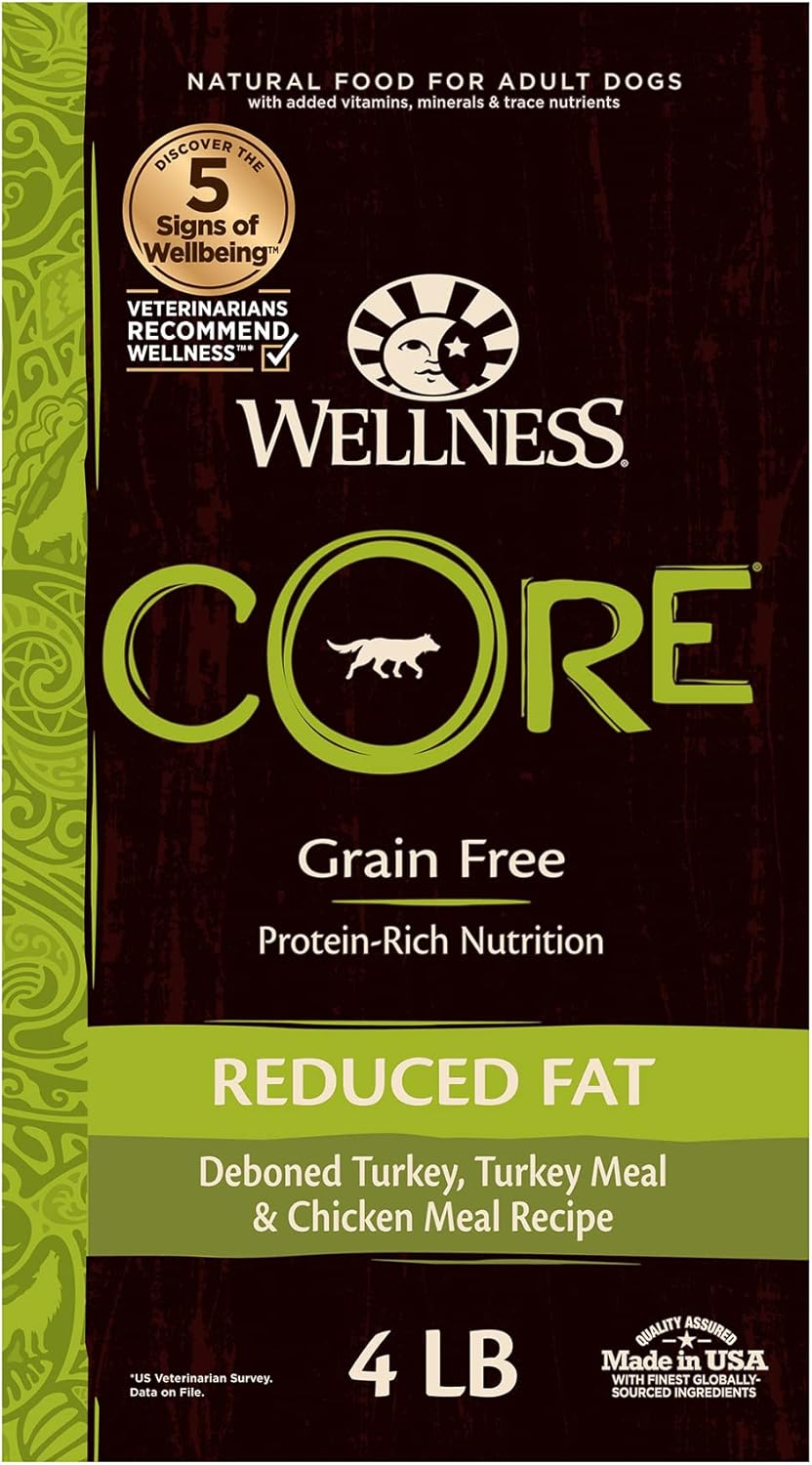 Wellness Core Grain-Free High-Protein Dry Dog Food, Natural Ingredients, Made In Usa With Real Meat, All Breeds, For Adult Dogs (Reduced Fat, 4-Pound Bag)