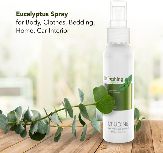 L'EUDINE Refreshing Splash with Eucalyptus Oil, Respiratory Care Body & Room Spray Mint and Aloe Infused, Gentle on The Skin, Multipurpose Small Spaces Air Freshener - 4.0 fl oz