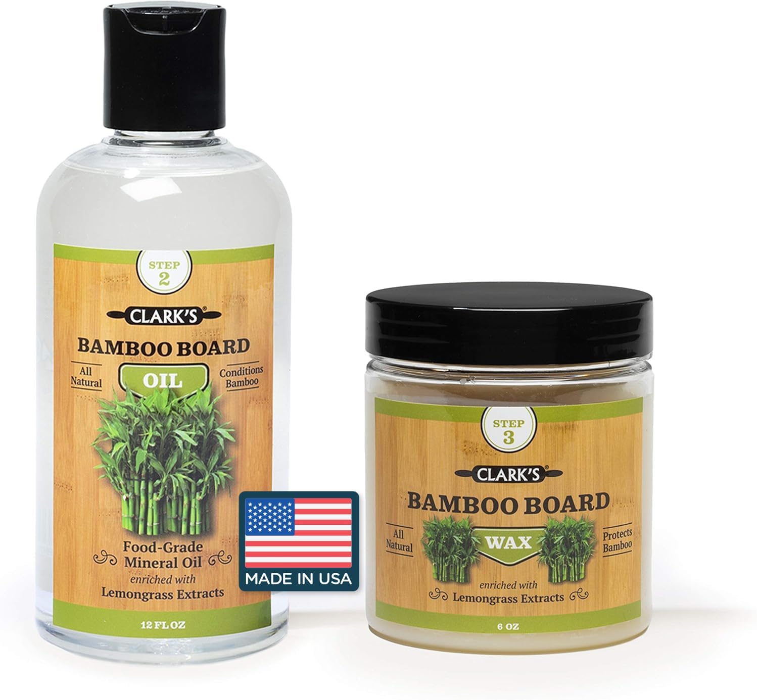 CLARK'S Bamboo Cutting Board Care Kit - Includes Mineral Oil (12oz) and Carnauba Beeswax (6oz) - Enriched with Lemongrass Extract - Bamboo Cutting Board Oil Food Grade - Cutting Board Wax Bamboo