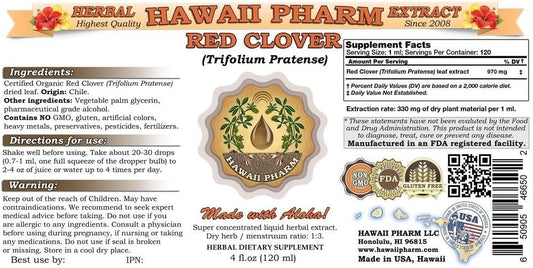 Red Clover Liquid Extract, Organic Red Clover (Trifolium Pratense) Tincture, Herbal Supplement, Hawaii Pharm, Made In Usa, 2X4 Fl.Oz