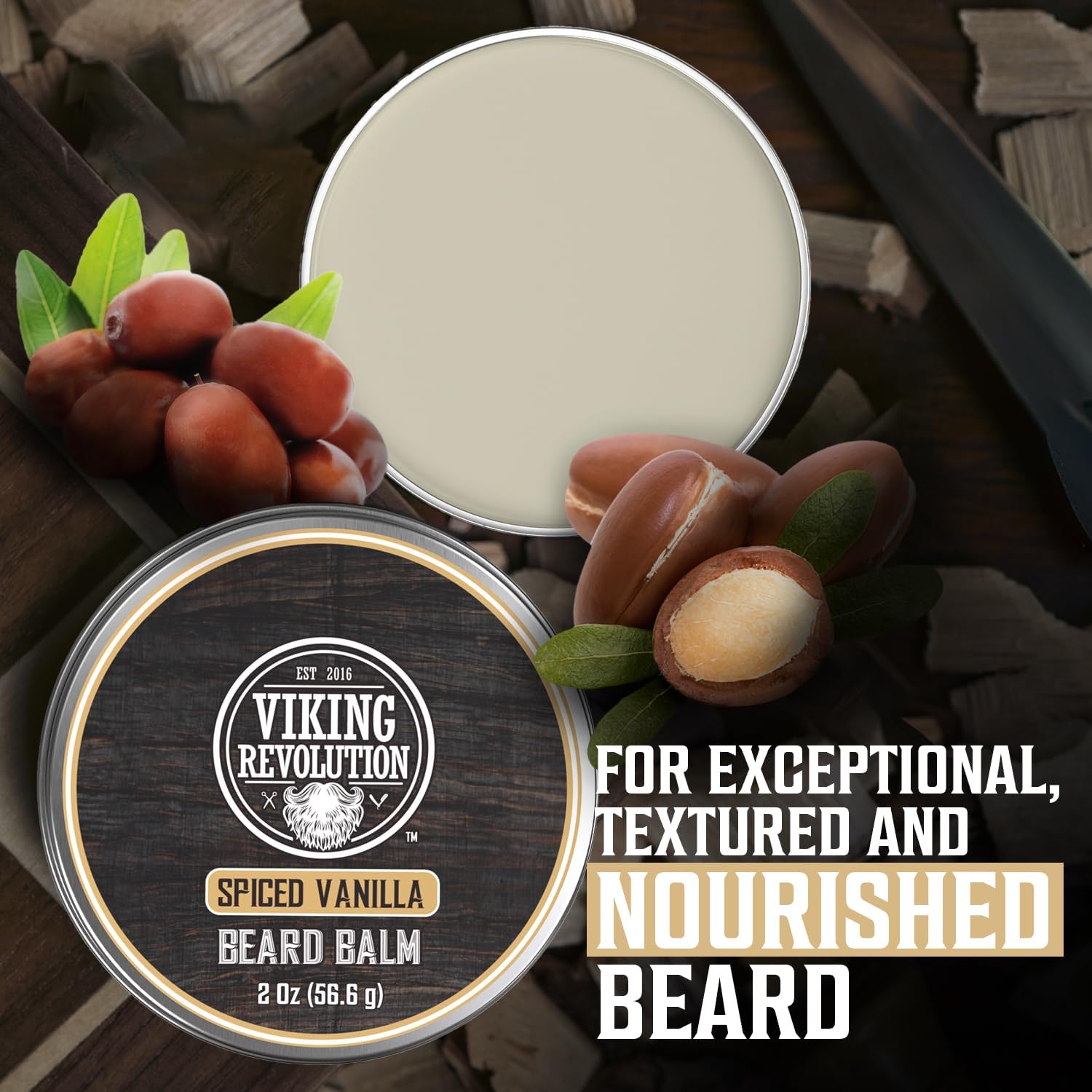 Viking Revolution Spiced Vanilla Beard Balm - Beard Butter with Argan Oil, Beard Softener for Men with Jojoba Oil - Beard Moisturizer for Men with Beeswax - Beard Wax for Men (2oz, 1 Pack) : Beauty & Personal Care