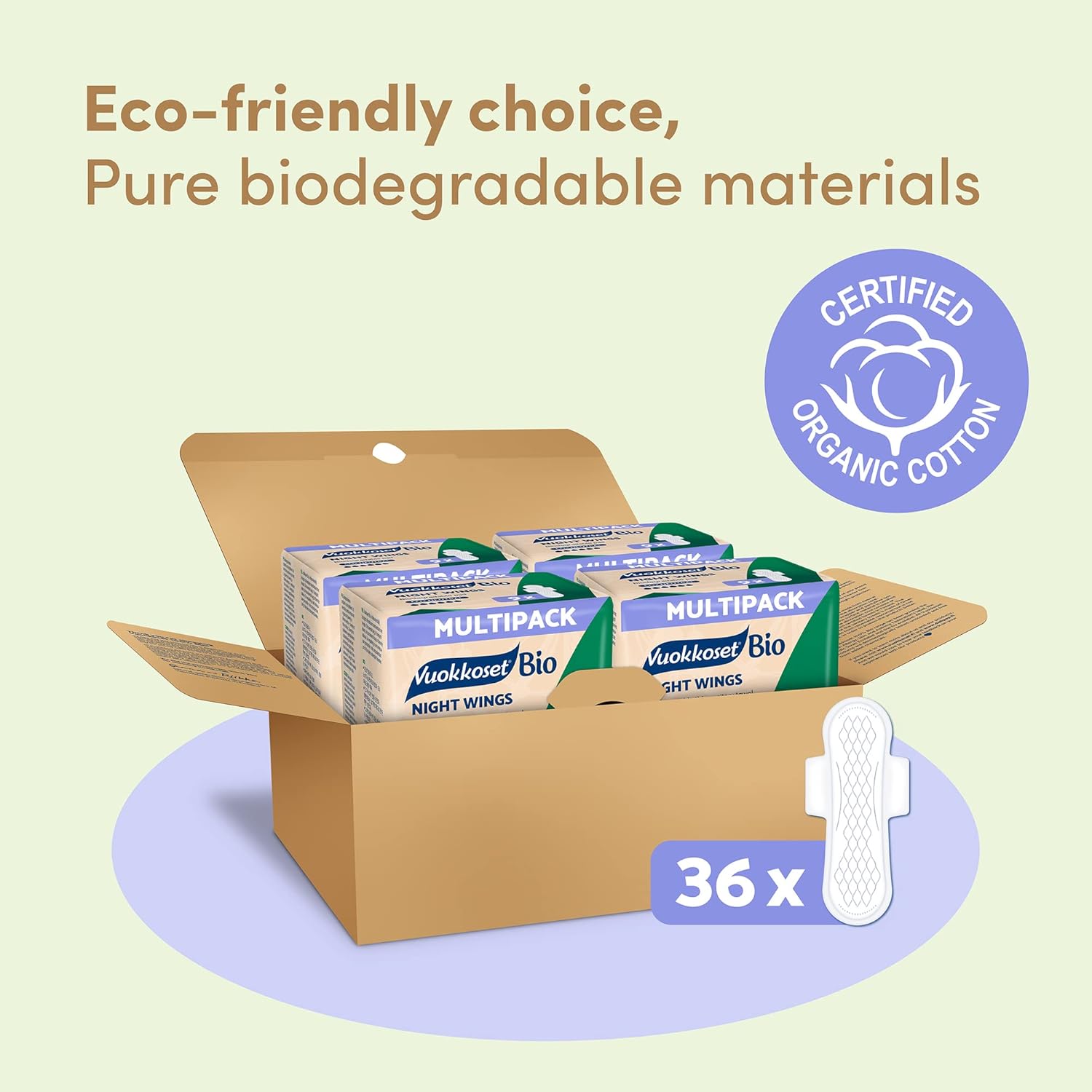 Vuokkoset Eco Night Wings - Biodegradable Thin 12.5 Inch Sanitary Towel Multipack 36 pcs for Sensitive Skin | Organic Cotton | Free of Dyes, Fragrances & Chlorine | Eco-Friendly, Absorbent Core | : Amazon.co.uk: Health & Personal Care