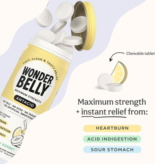 Wonderbelly Antacid, Effective Heartburn And Instant Acid Indigestion Relief, Extra Strength Chewable Tablets, 1000 Mg Calcium Carbonate, No Talc Or Dye, Lemon Sorbet, 60 Count