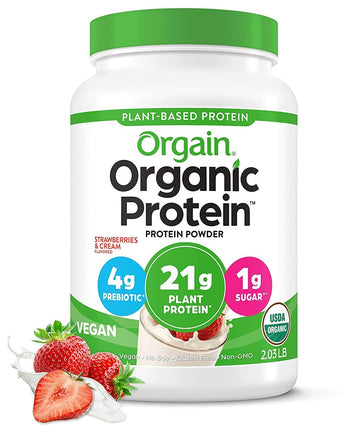 Orgain Organic Vegan Protein Powder, Strawberries & Cream - 21G Plant Based Protein, 4G Prebiotic Fiber, Low Net Carb, No Lactose Ingredients, No Added Sugar, Non-Gmo, For Shakes & Smoothies, 2.03 Lb