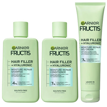 Garnier Fructis Hair Filler Moisture Repair Shampoo, Conditioner + Gel-Cream Set for Curly, Wavy Hair, with Hyaluronic Acid (3 Items), 1 Kit
