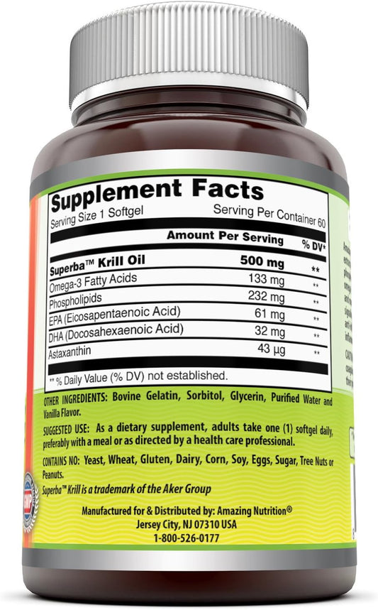 Amazing Omega Superba Krill Oil 1000 Mg Per Serving 60 Softgels (Non-Gmo,Gluten Free) - Omega 3 Fatty Acids With 120 Mg Epa & 56 Mg Dha