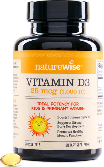 Naturewise Vitamin D3 1000Iu (25 Mcg) 200-Day Supply For Immune Support, Healthy Muscle Function, And Bone Health - Non-Gmo, Gluten Free In Organic Extra Virgin Olive Oil, (Mini Softgel), 200 Count