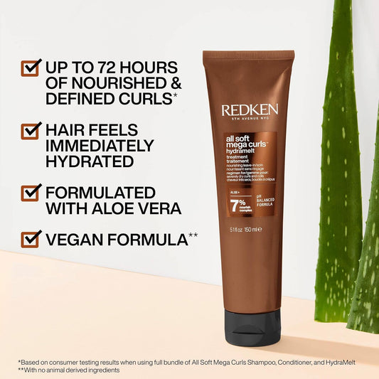 Redken All Soft Mega Curls, Hydramelt Leave-In Conditioner Treatment, For Dry Curly, Coily Hair, Nourishes And Adds Bounce, Shine And Definition, Vegan Formula, 150Ml