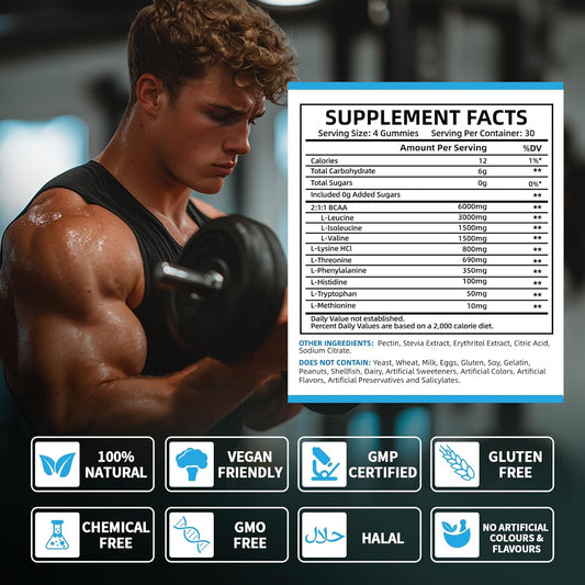 Eaa Gummies: Essential Amino Acids All 9 Essential Aminos & Branched-Chain Aminos Non-Gmo Gluten Free Vegetarian-Friendly 120 Gummie Blue Raspberry