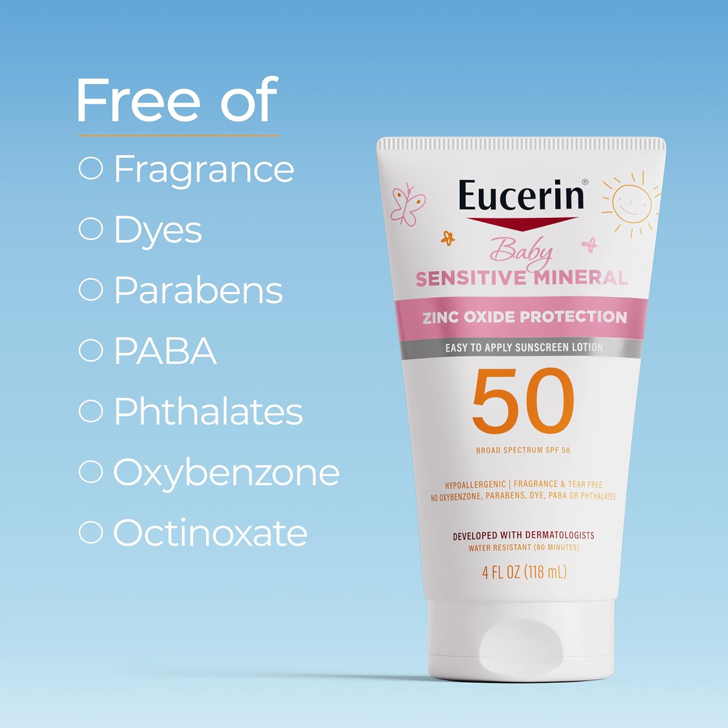 Eucerin Sun Sensitive Mineral Baby Sunscreen Lotion Spf 50 With Zinc Oxide Protection, Hypoallergenic Mineral Sunscreen For Babies, Tear Free And Fragrance Free, 4 Fl Oz Tube : Baby
