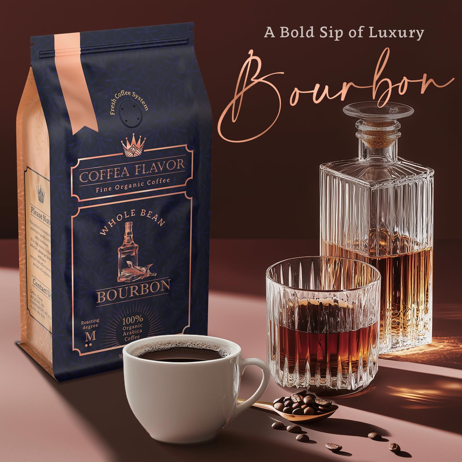 Coffea Flavor Bourbon Flavored Whole Bean Coffee – 100% Arabica, Medium Roast, Usda Organic, Fair Trade, Freshly Roasted, 16 Oz Bag