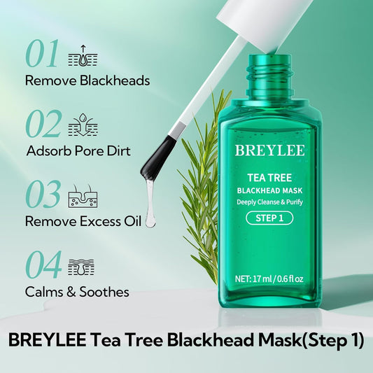 Breylee Blackhead Remover Mask, Tea Tree Oil Nose Pore Strips +100 Papers, Puntos Negros, Peel Off Mask For Nose And Face, Pore Cleanser Purifying, Brush Desigh
