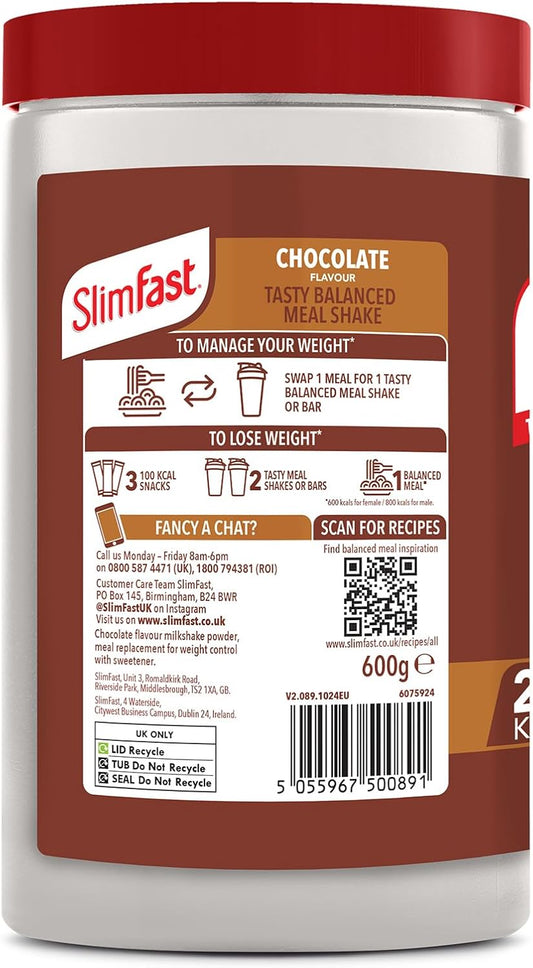 Slimfast Meal Replacement Shake For Weight Loss & Balanced Diet, Vitamins And Minerals, Low Calorie, High Protein, Chocolate Flavour, 16 Servings, 600 G, Packaging May Vary