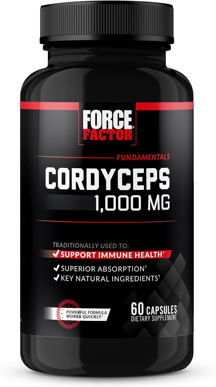 FORCE FACTOR Cordyceps Capsules with 1000mg of Cordyceps Sinensis Mushroom Extract, Traditionally Used to Improve Vitality, with BioPerine for Quick Absorption, Key Natural Ingredients, 60 Capsules